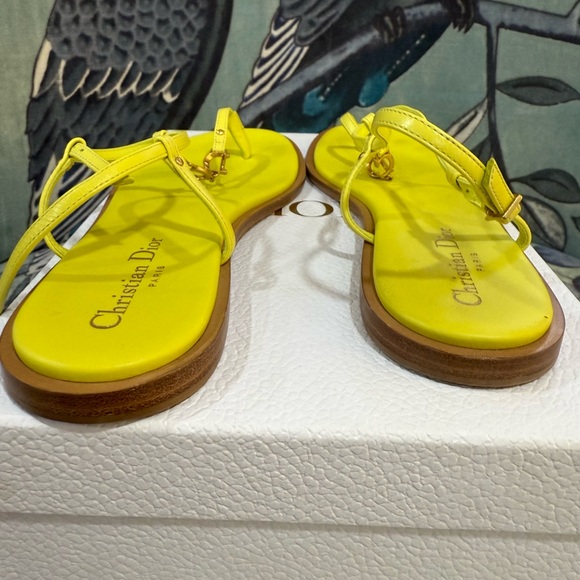Dior Neon Yellow Gold Logo Leather Sandals